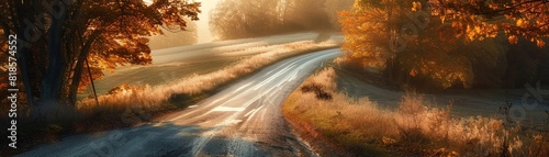 Dynamic vehicle carving paths on a quiet rural road, juxtaposing speed with calming nature