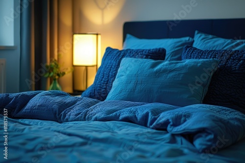 A cozy bed with a blue comforter and pillows. A space that offers comfort and relaxation.