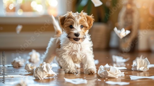 A cute puppy playing with paper scraps. AI.