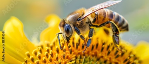 A bee pollinating a sunflower. AI.