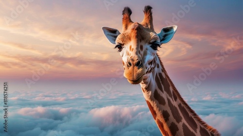 A giraffe stands tall in the savanna, its long neck stretching up to the sky. AI.