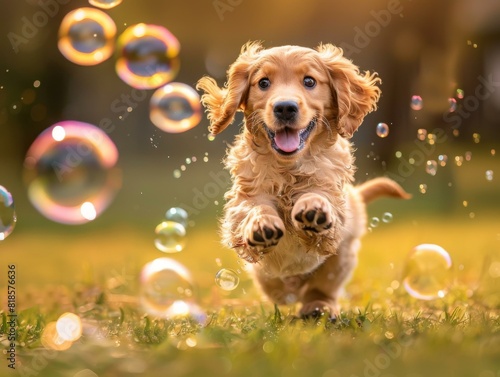 Cute puppy playing with bubbles in the park AI.