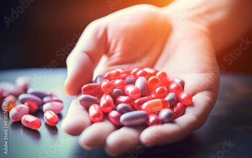 Close-up of a hand holding a variety of colorful pills and capsules, symbolizing medication, healthcare, and pharmaceutical concepts.