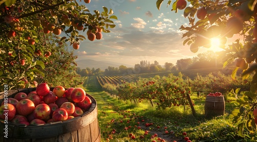 Sunset hues over a bountiful apple orchard