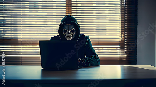 silhouette of a hacker in a black hoodie and and white skull like facemask sitting at office table with big opened laptop in an empty room in front of a window with blinds on it,