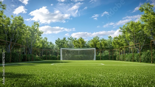 A soccer field with a soccer goal in the middle. Suitable for sports and recreation concepts