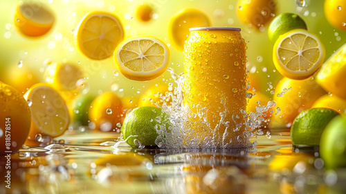 Floating Soft-Drink Can with Lemons and Limes on Vibrant Background 
