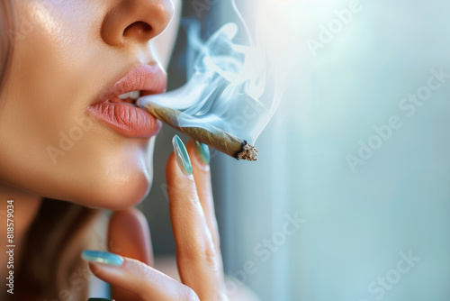 Close-up of a woman smoking marijuana on a blurred background.