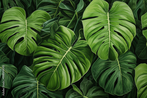 Nature leaves, green tropical forest, backgound illustration concept. Dark green tropical leaves ( monstera, palm, coconut leaf, fern, palm leaf,bananaleaf) Panorama background. 