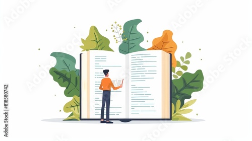 Character examining a large book labeled SEO techniques and tactics, highlighting the importance of continuous learning in SEO.