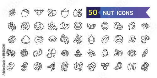Nut icon set. Outline set of nut vector icons for ui design. Outline icon collection. Editable stroke.