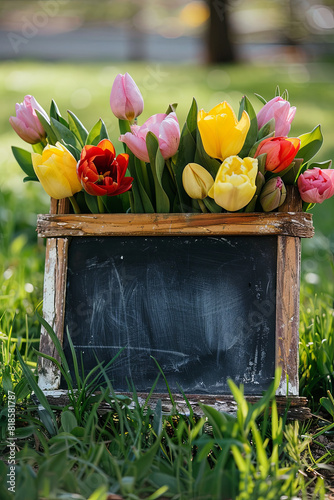 Lovely bunch of spring flowers and a blank blackboard, set against a backdrop of lush grass