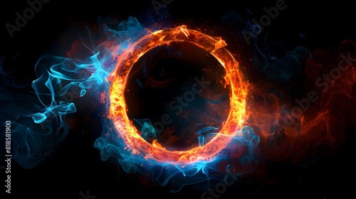 A glowing colorful ring of fire on black background, with the letter O in center, red and blue flames swirling around it, creating an enchanting atmosphere. 