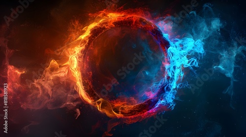 A glowing colorful ring of fire on black background, with the letter O in center, red and blue flames swirling around it, creating an enchanting atmosphere. 