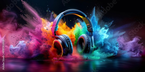 Stereo headphones exploding in festive colorful splash, dust and smoke with vibrant light effects on loud music sound