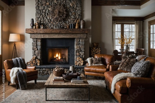 A warm and inviting living room designed for colder climates, featuring a roaring fireplace, a leather sofa