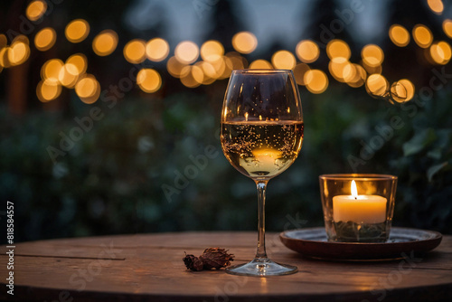A glass of wine with a candle beside them, on a table