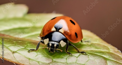 A macro shot of a ladybug crawling on a green leaf, highlighting its bright red shell and black spots.