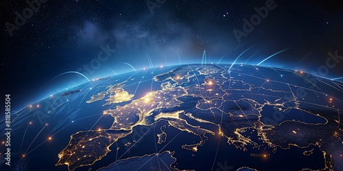 Abstract digital Earth globe from space with Western Europe map, concept of European global network and connectivity