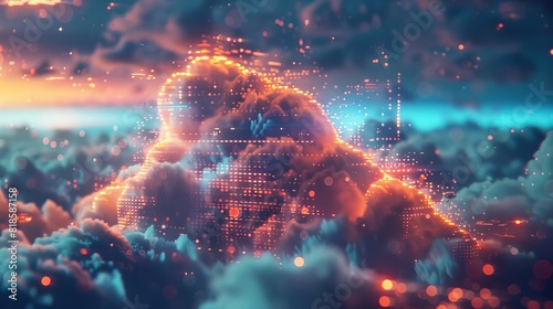 A futuristic scene of clouds parting to reveal a digital world inside, showcasing the idea of cloud-based virtual environments.