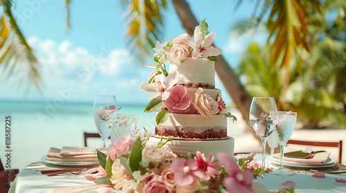 Beautiful wedding cake on the table Table with the cake on the beach of tropics