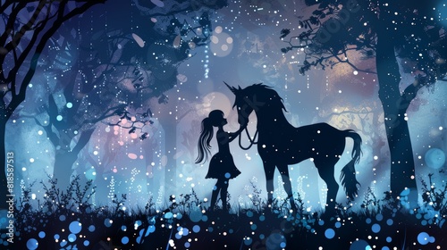 Enchanted silhouette of a girl and a centaur together, blending into a whimsical forest environment, ideal for fantasy art projects that focus on imaginative character design