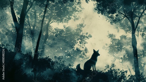 Magical silhouette of a legendary kitsune, a trickster spirit animal, portrayed in a forest of enchanted trees, emphasizing its nature spirit essence in a serene setting