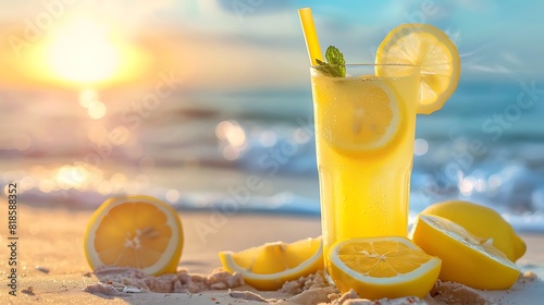 Delicious cold frozen lemonade drink at the beach on a summer day