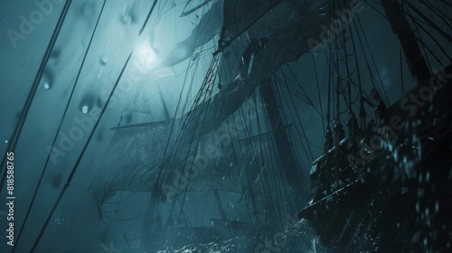 Close-up, weathered sails under moonlight, obscured pirate faces in mist, evoking an aura of mystery and adventure