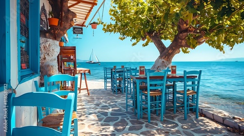 Greek tavern with blue wooden chairs by the aegean sea coast