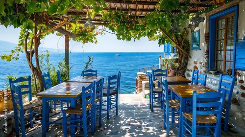 Greek tavern with blue wooden chairs by the aegean sea coast