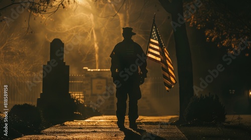 A solemn moment of reflection with a veteran standing before a memorial, holding an American flag, highlighted by respectful, subdued lighting