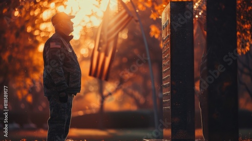 A solemn moment of reflection with a veteran standing before a memorial, holding an American flag, highlighted by respectful, subdued lighting