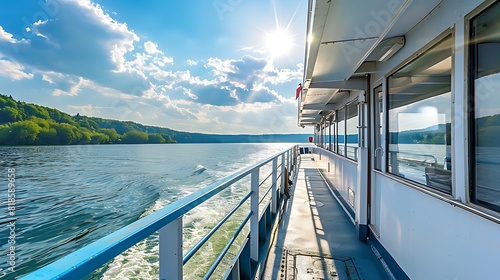 Open deck of modern passenger boat on Lake beautiful sunny summer day