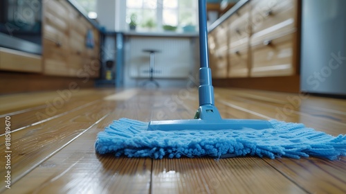 Close up of a blue dust mop on a wooden floor in a modern kitchen, cleaning and home DVD screengrab. 