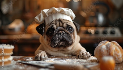 Adorable pug wearing a chef's hat, surrounded by baking ingredients in a rustic kitchen setting.
