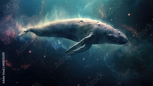 Surreal art design of a whale floating in space with a cosmic background and starry sky. Digital art of whale swimming in the space with gradient watercolor and glowing star in the night sky. AIG35.