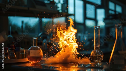 A lab at night with an alcohol fire burning.