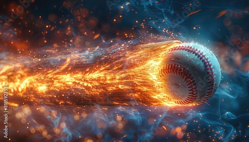 Dynamic shot of a fiery baseball in motion, surrounded by glowing sparks and energy trails, capturing the intensity of the sport.