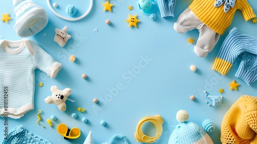 Baby toys and clothing on blue background