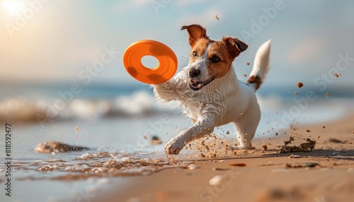 Happy dog playing with an orange frisbee on the beach during a sunny day, capturing moments of joy and outdoor fun by the sea.