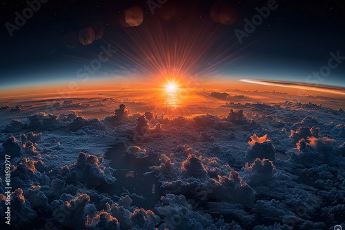 Stunning sunrise above cloud layer with vivid colors, dramatic lighting and horizon curve. Captivating and breathtaking natural scenery.