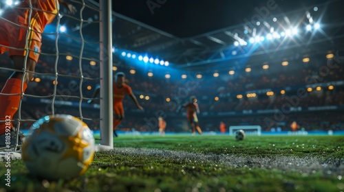 EM 2024 fussball football Soccer in the European Championship is on the penalty spot, footballers are in the game with the leather under the soccer goal floodlights in the stadium.