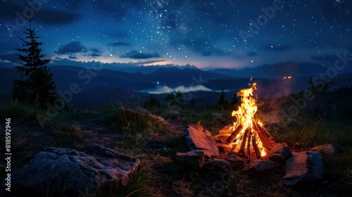 A glowing campfire at dusk, creating a warm ambiance for enjoying the summer wilderness.