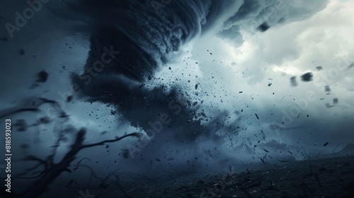 Fierce tornado twisting under dark, brooding clouds, with debris flying through the air, showcasing nature's raw power