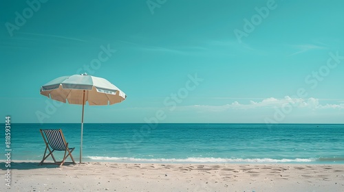 Photo of a beach umbrella and chair on the sand in the style of an empty ocean, teal color tone. 