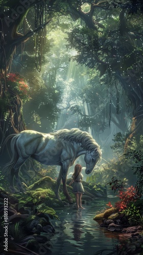 Whimsical art of a girl and a centaur in a lush, magical forest, designed for a storybook or fantasy gaming, emphasizing the exploration of mythical and legendary elements