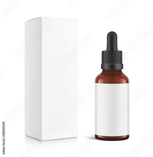 Realistic cardboard packaging box mockup with dropper bottle mockup isolated on white background. Vector illustration. Сan be used for cosmetic, medical and other needs. EPS10.