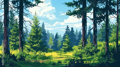 A tranquil forest edge with tall green spruce and oak trees.