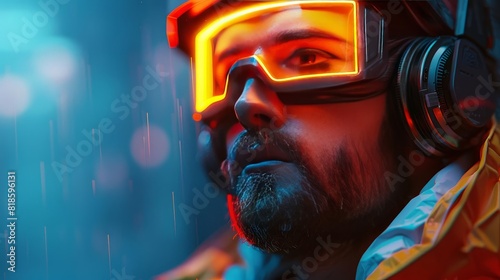 A close up portrait of a cyberpunk man wearing a futuristic visor and headphones